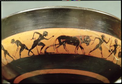 Attic black-figure cup depicting workers in a field, from Athens (detail) by Greek
